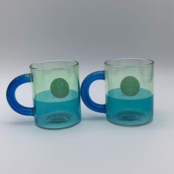 Set Of Two 2021 Starbucks Blue Handled Glass Coffee Mug Cup 12 Oz - Picture 3 of 9